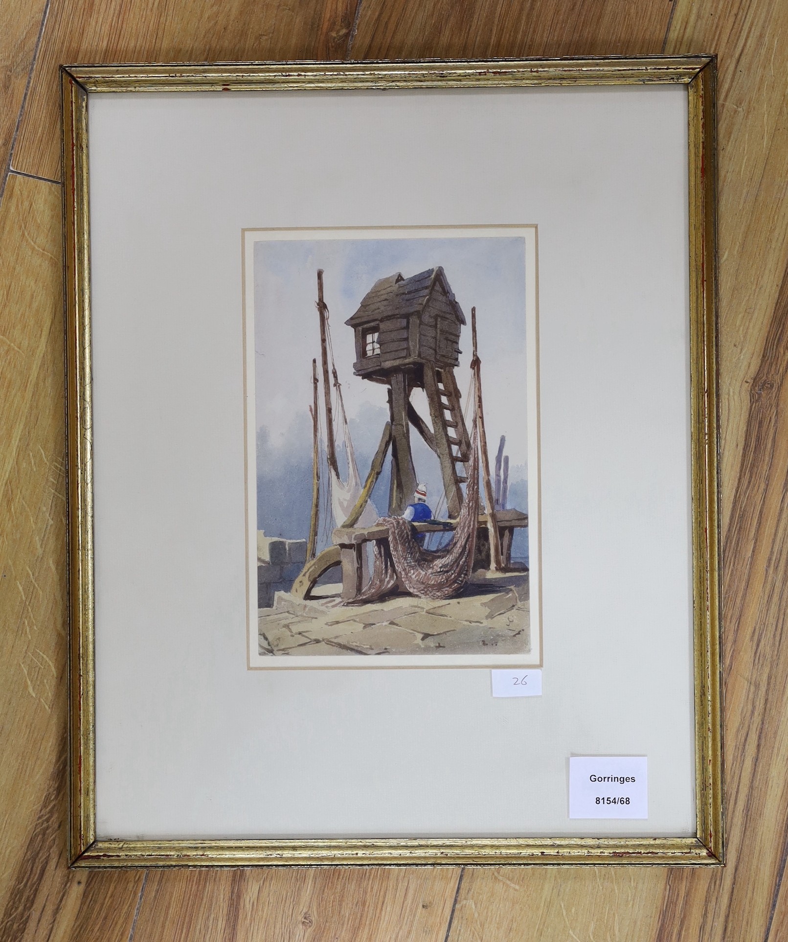 Samuel Prout (1783-1852), watercolour, Jetty scene with look-out tower, signed monogram, 21 x 14cm